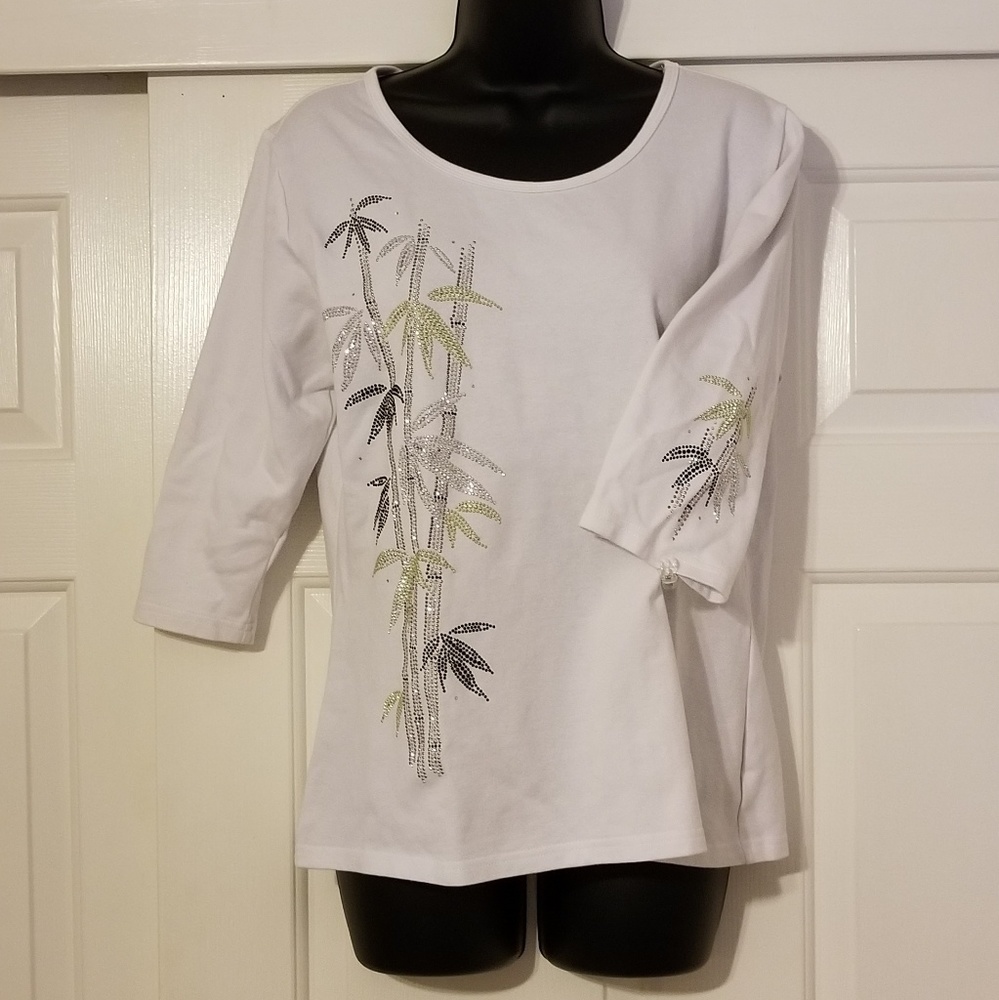 3/4 sleeve top with crystal bamboo embellishments